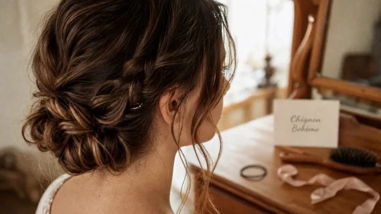 Coiffure bohème simple : chignon bas flou et tresse souple