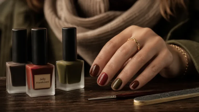 Couleur ongles automne 2025 : vernis bruns café, vert olive et Jelly sur mains