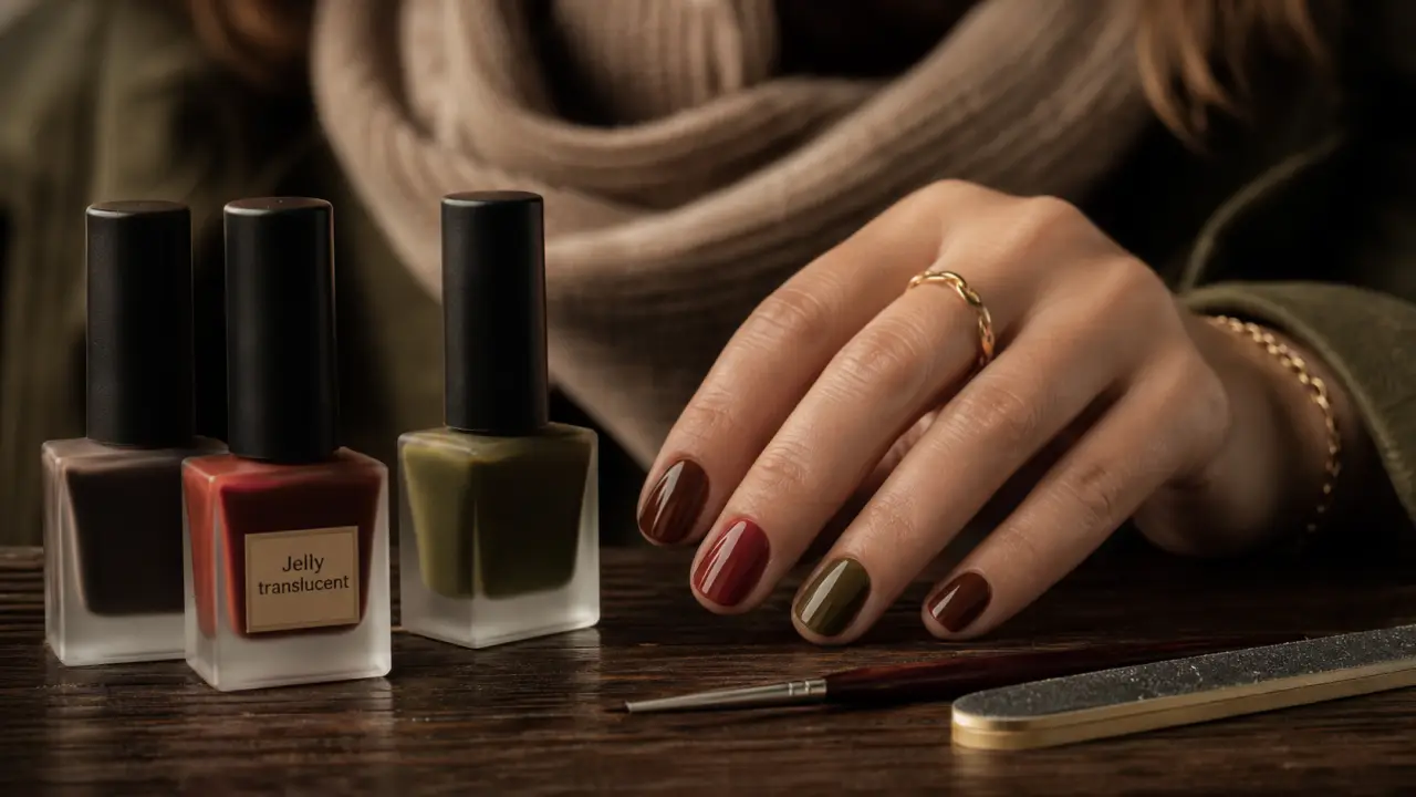 Couleur ongles automne 2025 : vernis bruns café, vert olive et Jelly sur mains