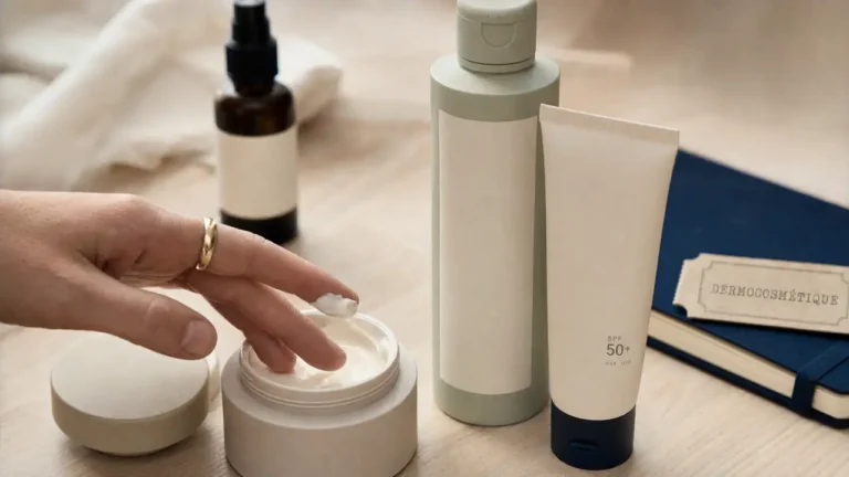 Dermocosmetique pharmacie : crème et SPF50+ en gros plan