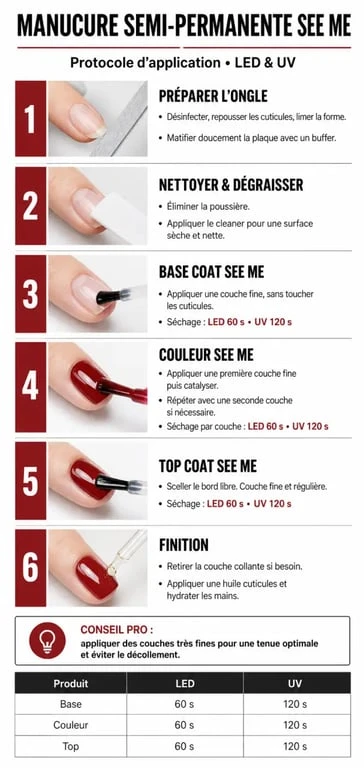 Infographie des étapes et temps de séchage pour une manucure au vernis semi-permanent See Me