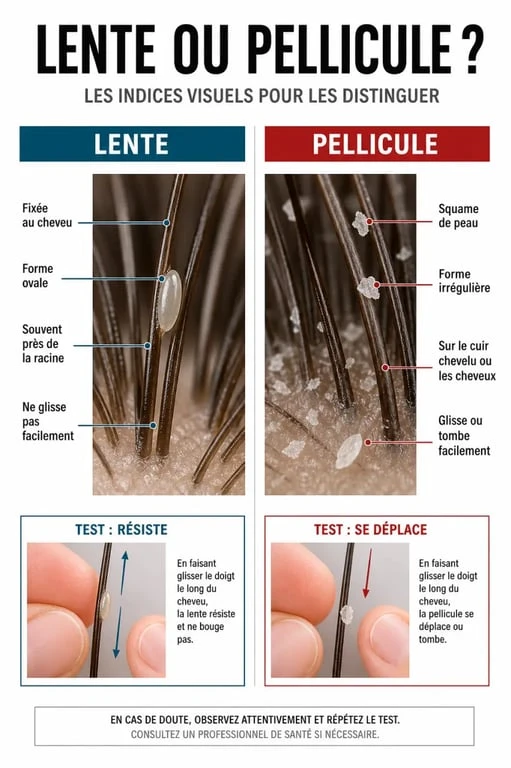 Différencier lente et pellicule dans les cheveux : infographie comparative claire