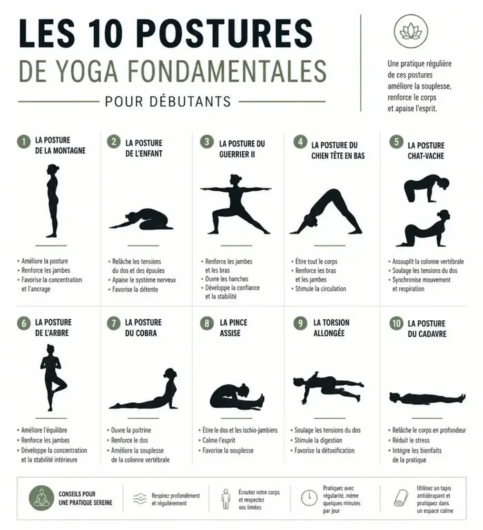 Infographie des 10 postures de yoga pour débutant avec leurs bienfaits