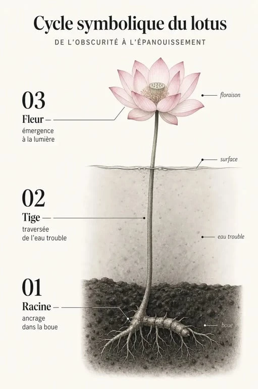 Infographie du cycle de vie symbolique de la fleur de lotus : de la boue à l'éveil spirituel