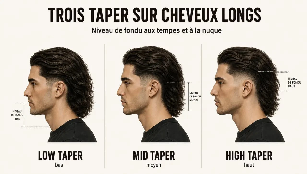 Taper cheveux longs : comparaison visuelle des variantes low, mid et high taper