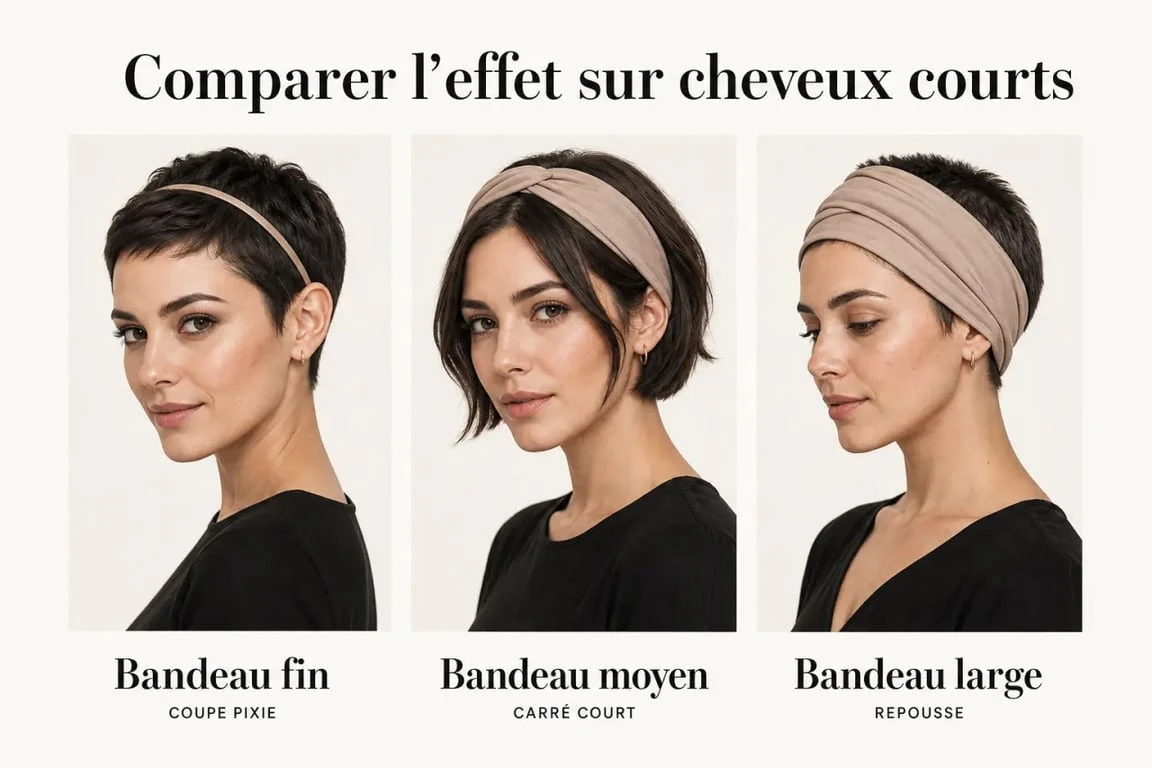 Bandeau cheveu court porté sur coupe pixie, carré court et repousse, rendu éditorial comparatif