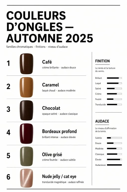 Couleur ongles automne 2025 : palette éditoriale de vernis brun, bordeaux, vert olive et gris perlé