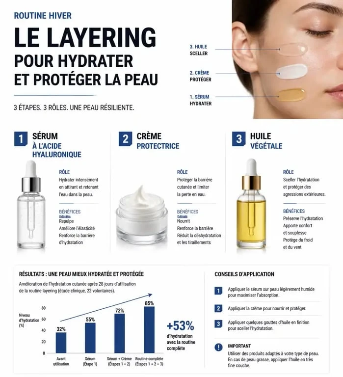 Infographie illustrant la routine de layering pour hydrater sa peau en hiver
