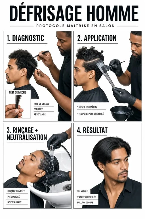 Illustration du homme defrisage avec étapes d’application et résultat final