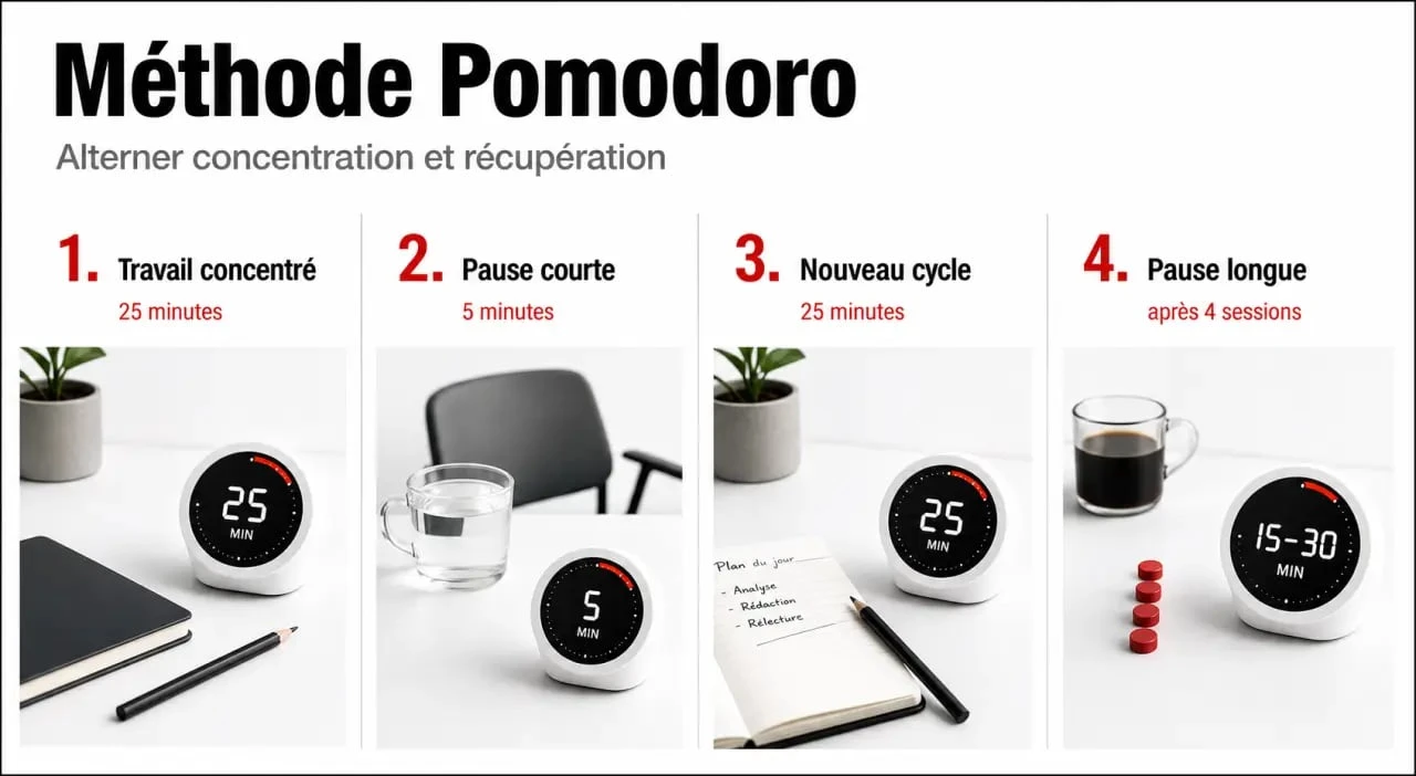 Illustration de la méthode pomodoro pour gérer son temps avec sessions de 25 minutes et pauses courtes