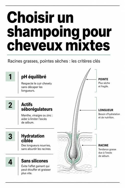 Infographie des critères pour choisir le meilleur shampoing pour racines grasses et pointes sèches