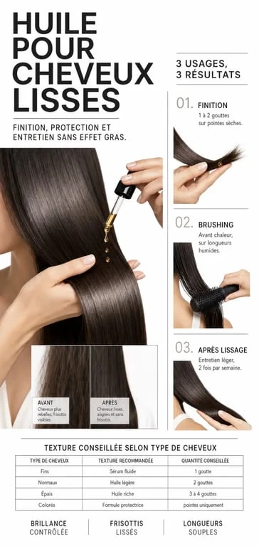 Huile pour cheveux lisse : application légère sur les longueurs, brillance et anti-frisottis