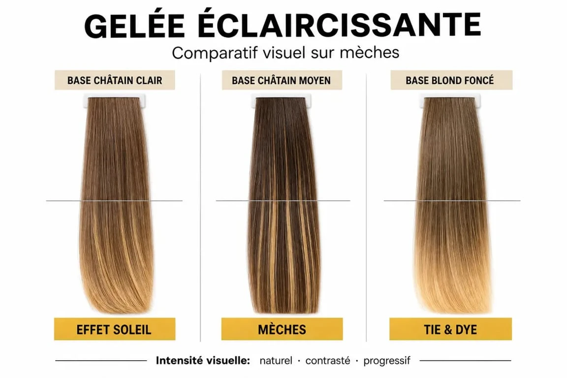 Avis Garnier gelée éclaircissante : comparaison visuelle des effets soleil, mèches et tie & dye selon la base capillaire