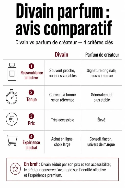Divain parfum avis : infographie comparative entre Divain et un parfum de créateur sur la ressemblance, la tenue et le prix