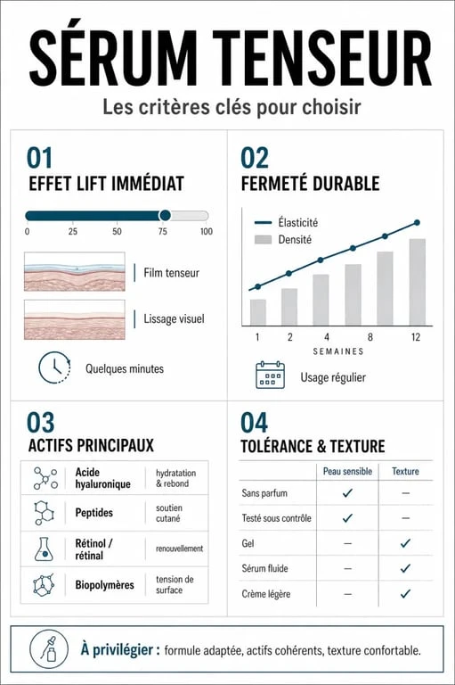 Infographie comparant les critères clés d’un sérum tenseur