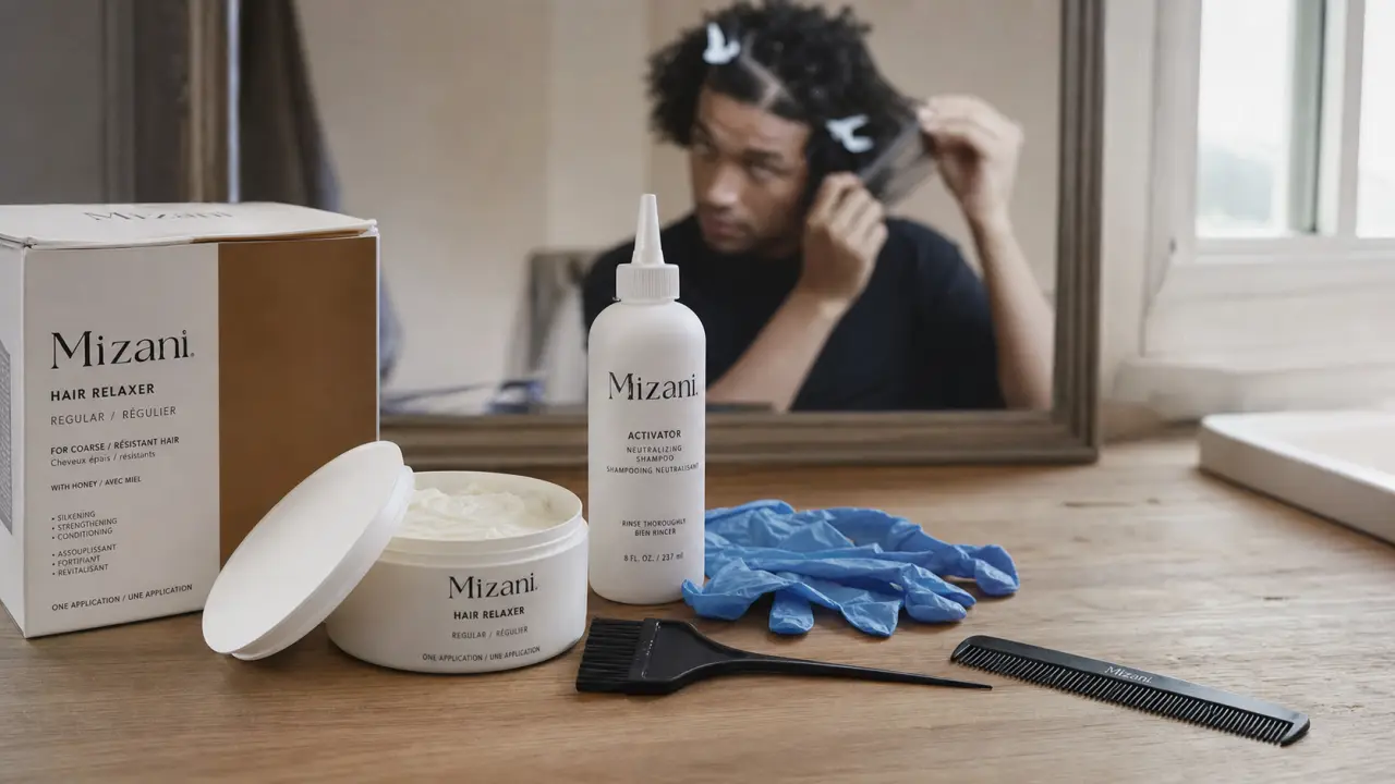 Kit homme defrisage : crème, gants et neutralisant sur table