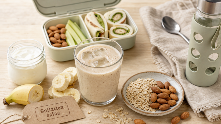 Idées de collations saines rapides : smoothie banane-amande et yaourt