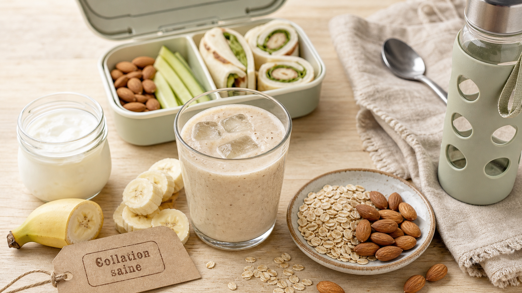Idées de collations saines rapides : smoothie banane-amande et yaourt