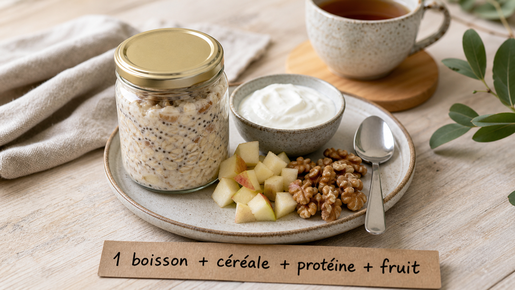 Idées de petit-déjeuner équilibré : overnight oats à la pomme, skyr et noix