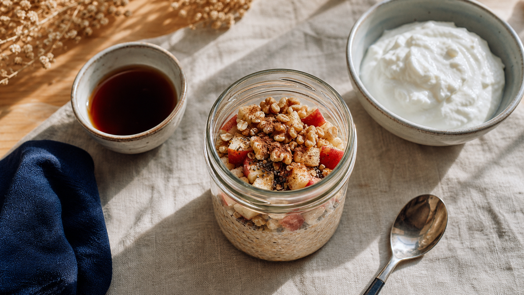 Idées de petit-déjeuner équilibré : overnight oats au skyr, pomme et noix