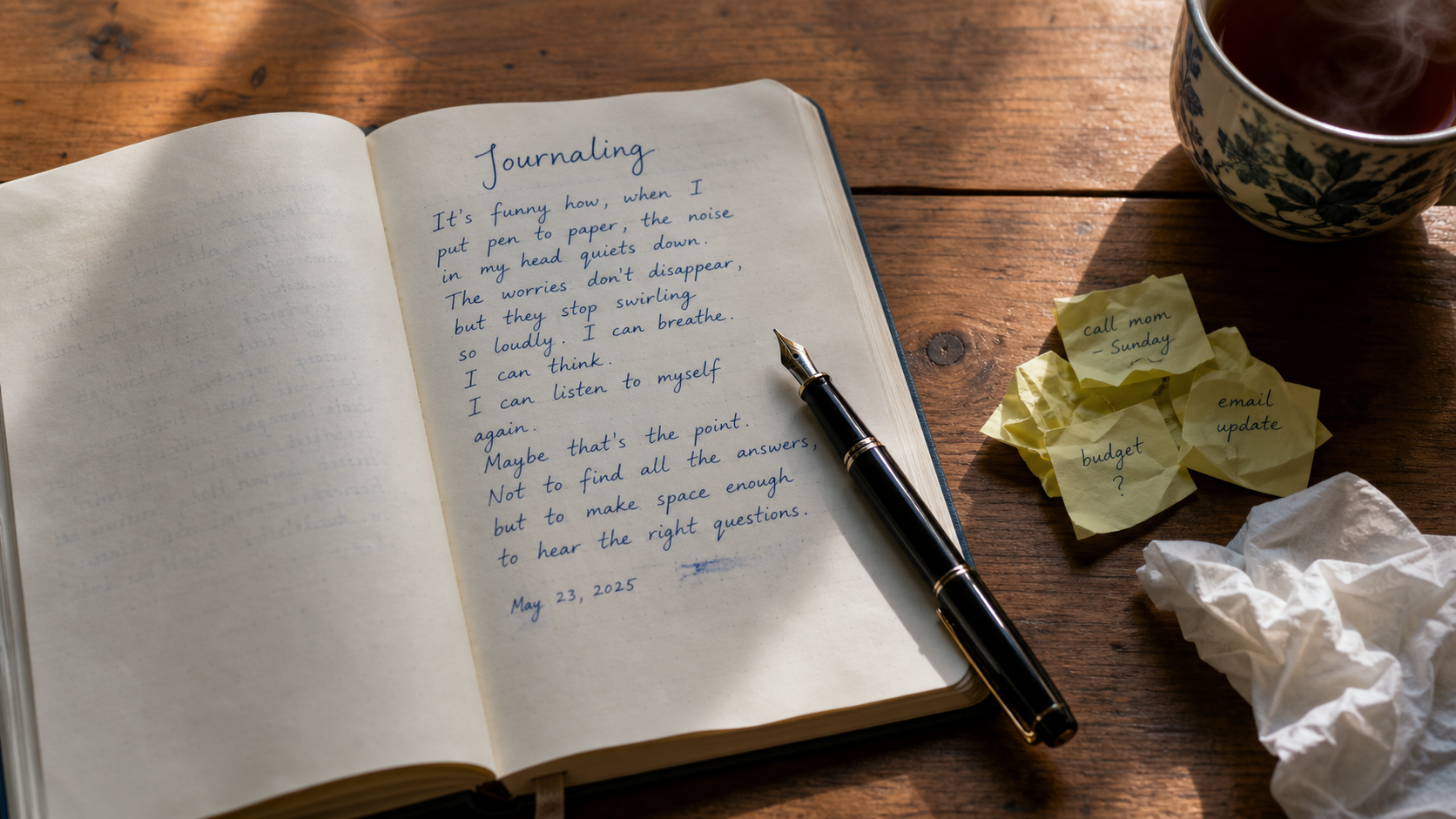 Le journaling: écrire pour aller mieux, carnet et thé sur table