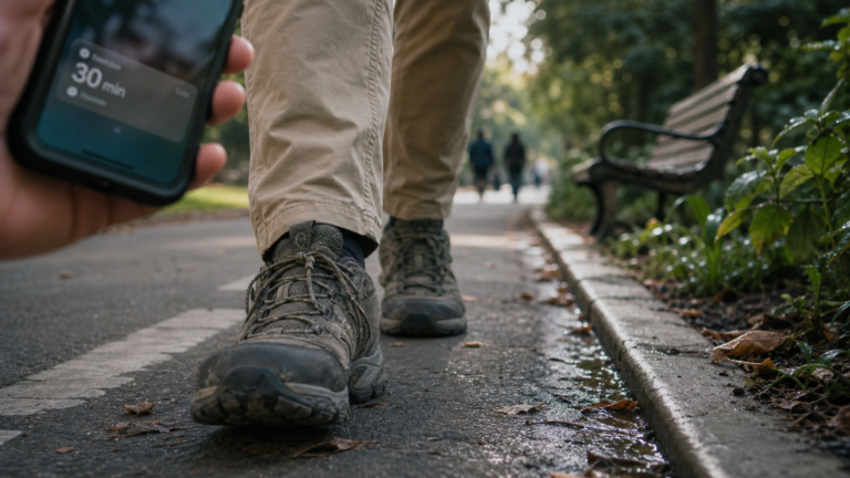 Les bienfaits de marcher 30 minutes par jour : chaussures sur un chemin piéton, notification 30 min