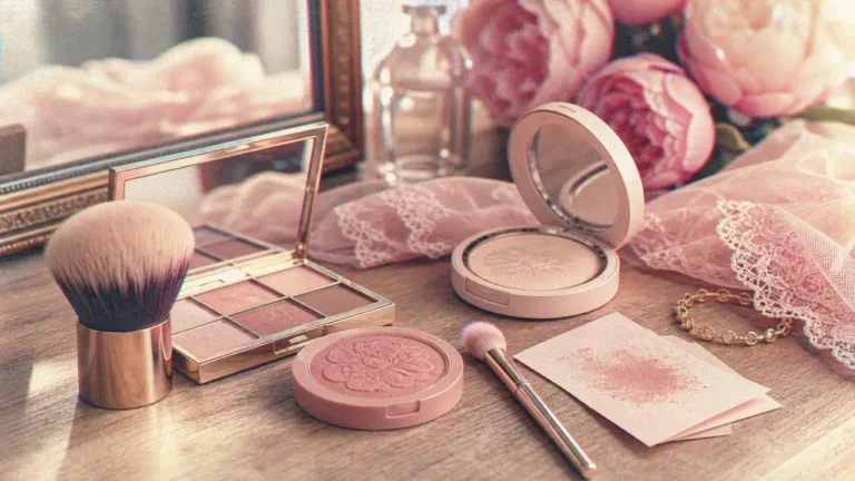 Maquillage mariage rose poudré sur table, teint lumineux et blush vieux rose