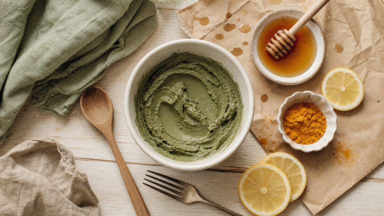 Masque pour le visage maison à l’argile verte et miel, ingrédients naturels