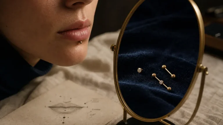 Piercing levre nom : labret et jestrum, bijoux sur miroir laiton