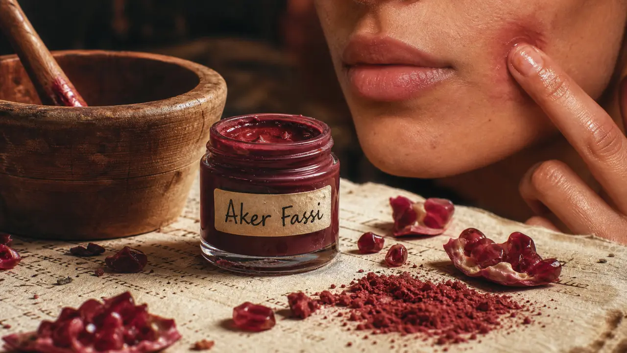 Rouge a levre marocain Aker Fassi, pigment rouge et grenade, lèvres et joues