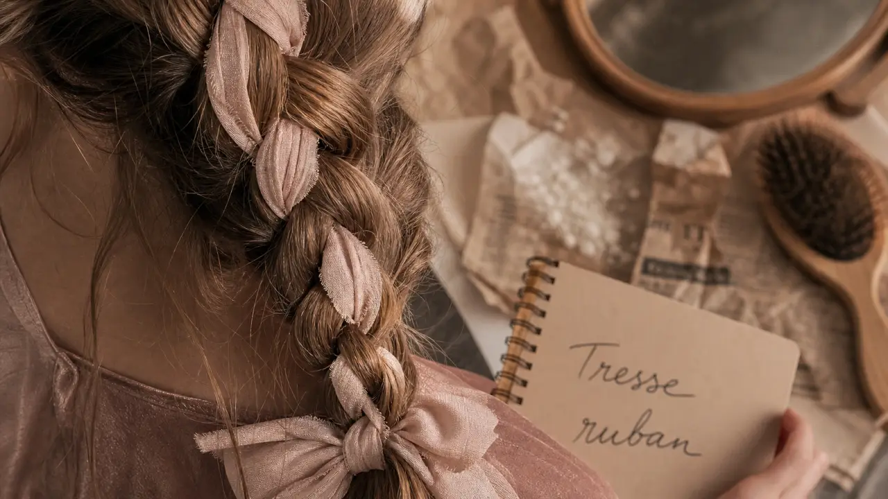 Tresse tissus cheveux avec ruban pastel sur cheveux châtain clair