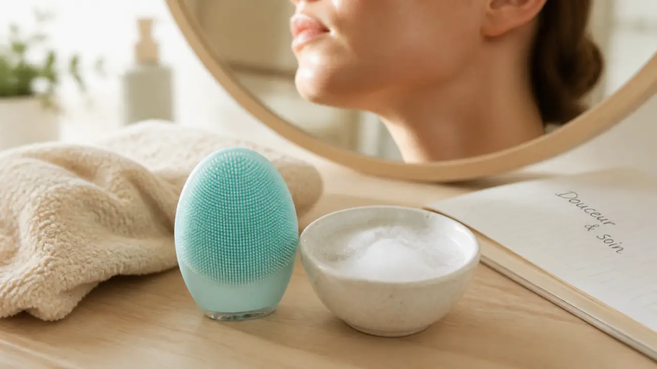 Brosse nettoyante visage en silicone à picots doux, près d’un nettoyant moussant