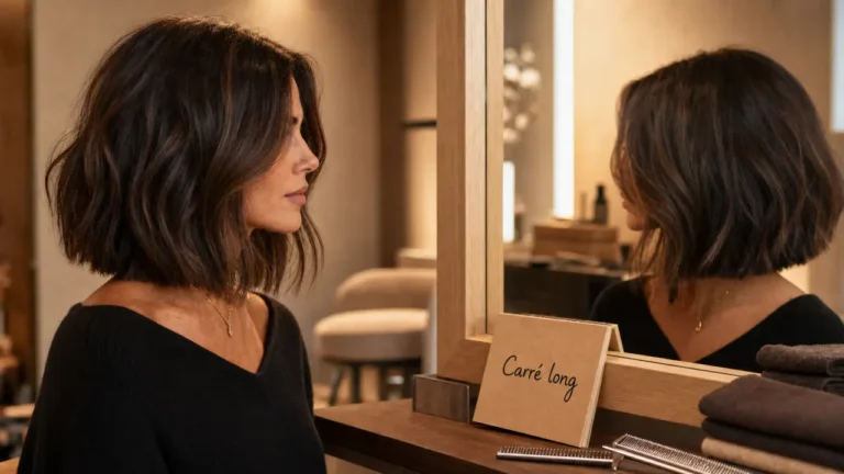 Carré long cheveux épais au niveau des clavicules, ligne nette anti effet pyramide