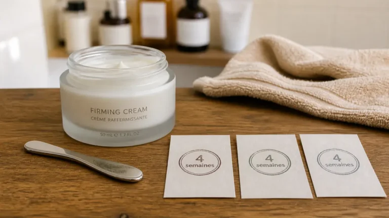 Crème raffermissante pour le visage : pot en verre et spatule, effet fermeté