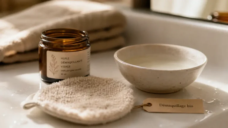 Démaquillage bio : huile démaquillante bio sur coton lavable et lavabo