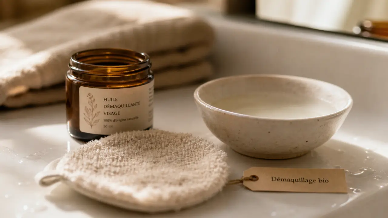 Démaquillage bio : huile démaquillante bio sur coton lavable et lavabo
