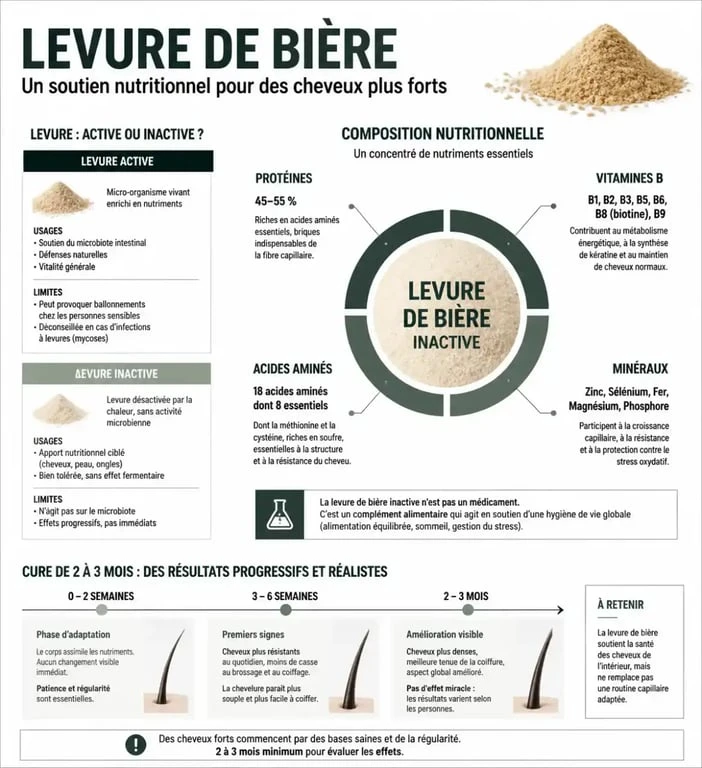 Levure de biere cheveux : infographie sur la composition, la différence entre levure active et inactive et la cure de 2 à 3 mois