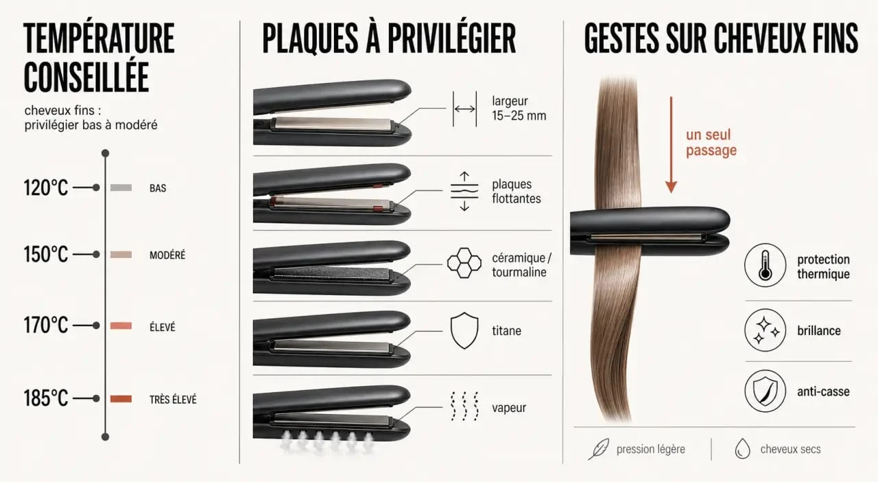 Lisseur cheveux fin : comparatif des températures, plaques et technologies adaptées aux cheveux fins
