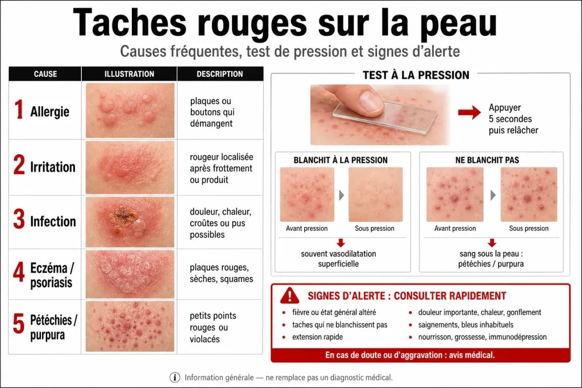 Taches rouges sur la peau : causes fréquentes, pétéchies, signes d’alerte et test de la pression