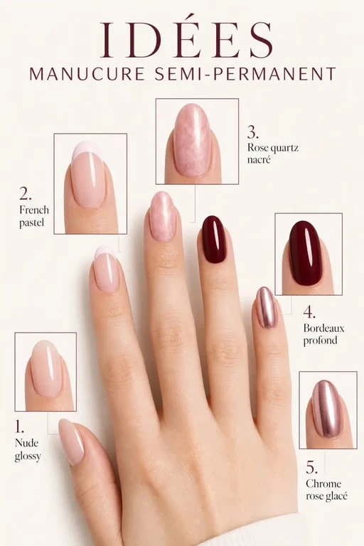Idée ongle semi permanent avec plusieurs inspirations de manucure nude, french pastel, rose quartz, bordeaux et chrome