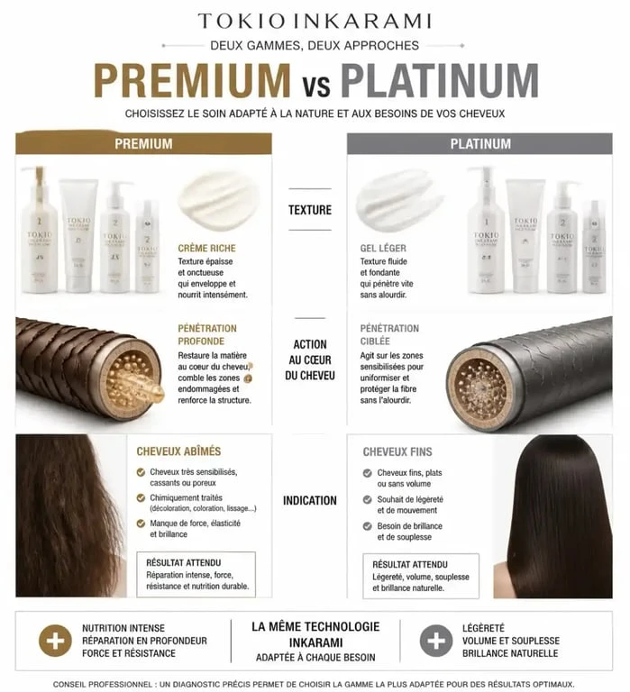 Comparatif des gammes Premium et Platinum du soin Tokio Inkarami pour cheveux
