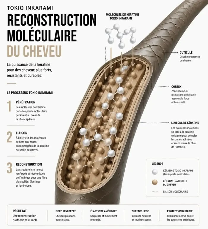Schéma de la reconstruction moléculaire du soin Tokio Inkarami pour cheveux abîmés