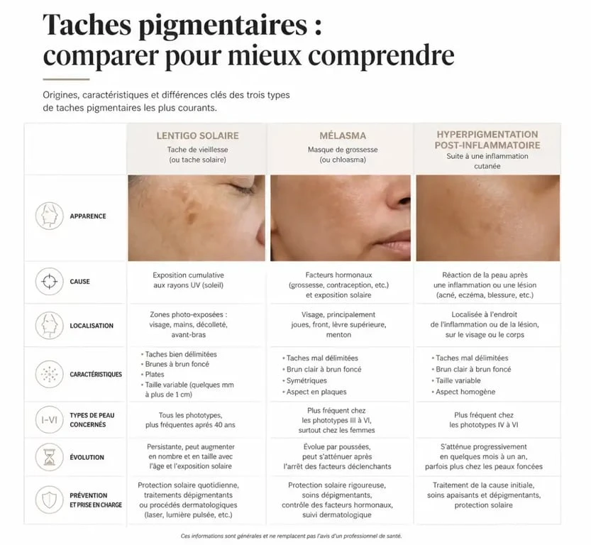 Comparatif visuel des types de taches brunes sur la peau