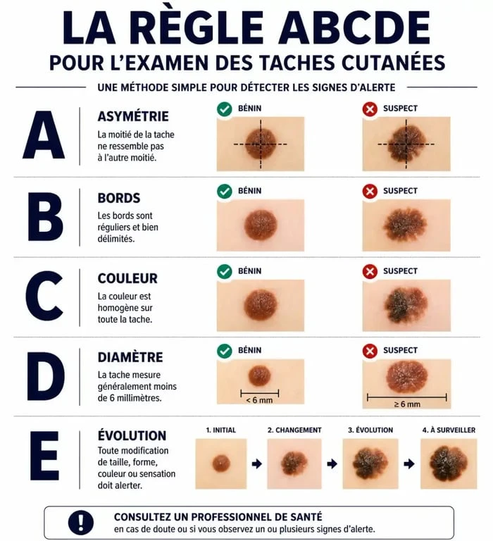 Infographie règle ABCDE pour surveiller une tache brune sur la peau