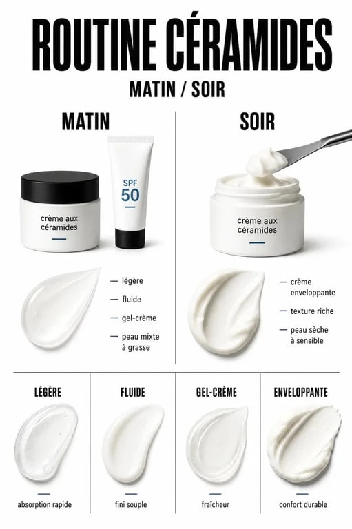 Routine et textures d’une ceramide crème visage selon le matin ou le soir