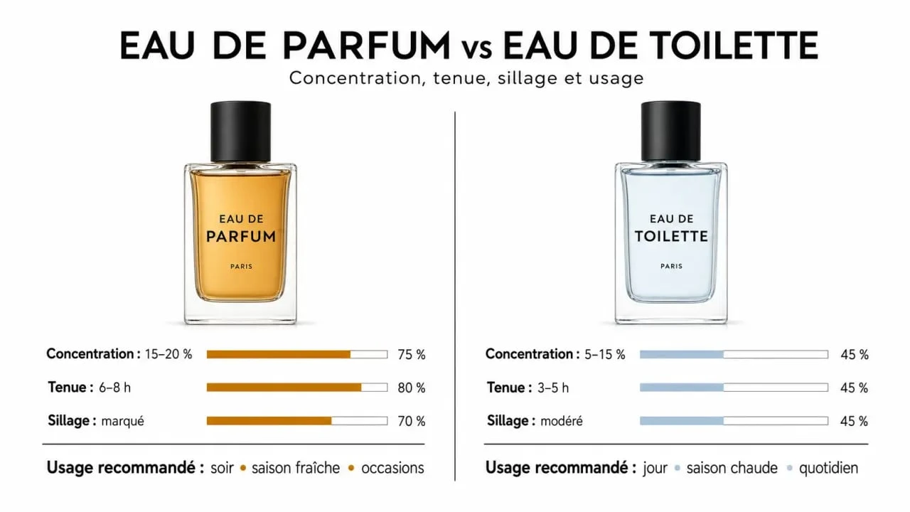 Eau de parfum ou eau de toilette : illustration comparative des différences de concentration, tenue et sillage