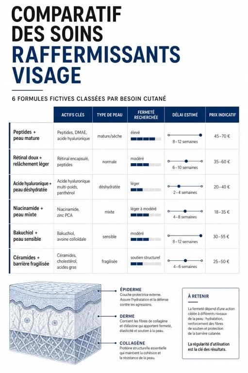 Crème raffermissante pour le visage : infographie comparative des actifs, types de peau, délais de résultats et prix