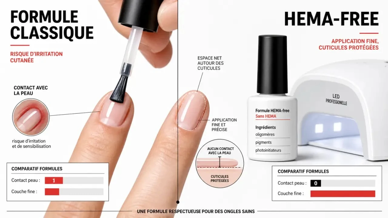 Vernis semi permanent sans HEMA en pose soignée sous lampe LED avec flacon et étiquette ingrédients.