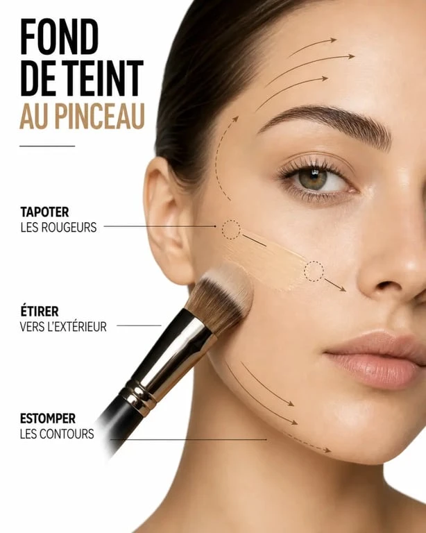 Pinceau fond de teint appliqué du centre vers l’extérieur pour un fini naturel et homogène