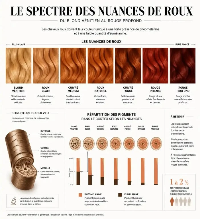 Infographie sur les nuances et la composition biologique des cheveux roux